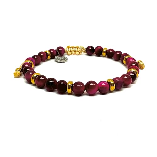 OCHRANA Pulsera ajustable de ojo de tigre rosa y acero inoxidable dorado de 6mm