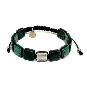 OCHRANA Pulsera ajustable de cuentas cuadradas de malaquita y ojo de tigre negro con acero inoxidable de 10mm