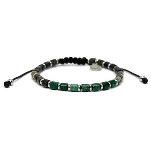 OCHRANA Pulsera ajustable de jaspe cilindrico verde con nego y acero inoxidable de 4mm