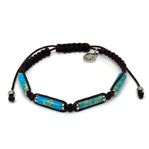 OCHRANA Pulsera ajustable de macramé café con jaspe azul cilindrico y acero inoxidable de 4mm