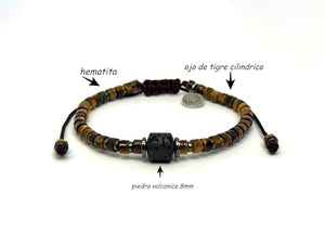 OCHRANA Pulsera ajustable de ojo de tigre cilindrico con hematita y piedra volcanica de 4mm