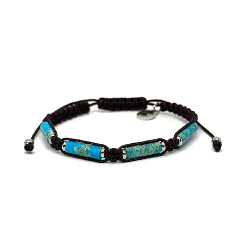 OCHRANA Pulsera ajustable de macramé café con jaspe azul cilindrico y acero inoxidable de 4mm