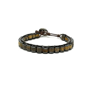 OCHRANA Pulsera ajustable de cuentas cilindricas de jaspe cafe con hematita de 6mm