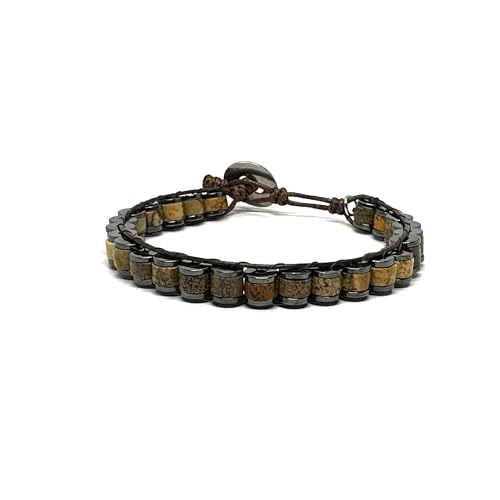 OCHRANA Pulsera ajustable de cuentas cilindricas de jaspe cafe con hematita de 6mm