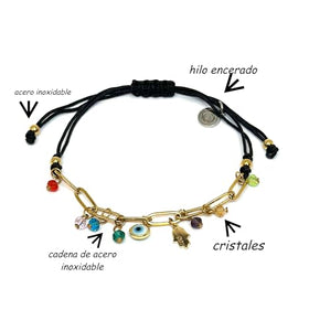 OCHRANA Pulsera ajustable con cadena de acero inoxidable dorada y dijes de cristal