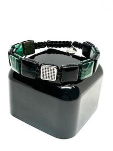 OCHRANA Pulsera ajustable de cuentas cuadradas de malaquita y ojo de tigre negro con acero inoxidable de 10mm