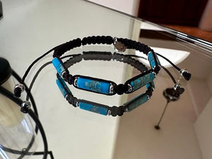 OCHRANA Pulsera ajustable de macramé café con jaspe azul cilindrico y acero inoxidable de 4mm