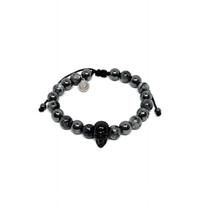 OCHRANA Pulsera ajustable de hematita con piedra de jaspe gris y calavera de acero de 8mm