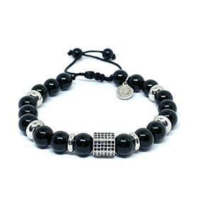 OCHRANA Pulsera ajustable de ágata negra y acero de 8mm con dije zirconia cubica plateada