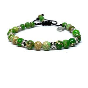 OCHRANA Pulsera ajustable de piedra de jaspe sedimento verde de 6mm con plata tibetana