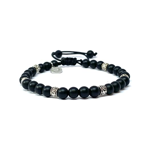 OCHRANA Pulsera ajustable de ágata negra con plata tibetana de 6mm