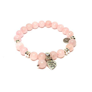 Pulsera de 17.5 cm con Cuarzo Rosa y hematita Plateada con Dije de corazón - Ochrana México