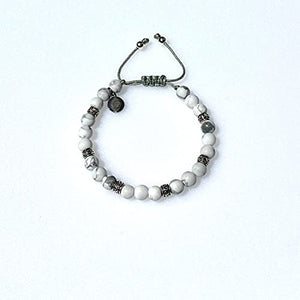 OCHRANA Pulsera ajustable de piedra de howlita blanca de 6mm con plata tibetana