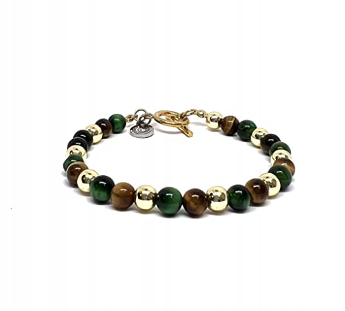 OCHRANA Pulsera de 17.5 cm de ojo de tigre verde y amarillo con hematita dorada de 6mm