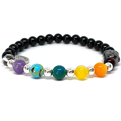 OCHRANA Pulsera elástica de 17.5 cm de los 7 Chakras con ágata negra de 6mm, dije de buda