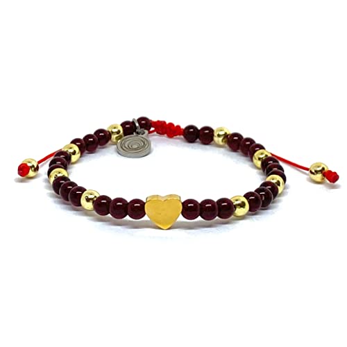 OCHRANA pulsera ajustable de cristal rojo, hematita dorada y dije de corazón de acero de 4mm