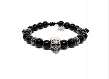 Cargar imagen en el visor de la galería, OCHRANA Pulsera ajustable de ágata negra con hematita y calavera de acero de 8mm
