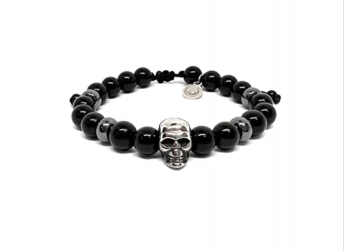 OCHRANA Pulsera ajustable de ágata negra con hematita y calavera de acero de 8mm