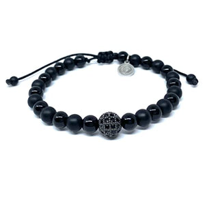 OCHRANA Pulsera ajustable de ágata negra de 6mm con dije zirconia redonda negra