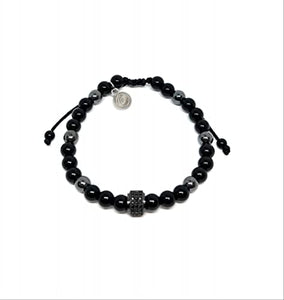 OCHRANA Pulsera ajustable de ágata negra con hematita y dije zirconia redonda negra de 6mm