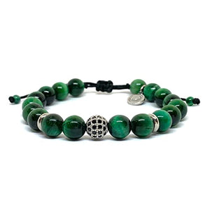 OCHRANA Pulsera ajustable de ojo de tigre verde de 8mm con dije zirconia redonda negra