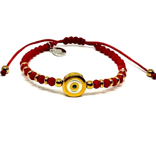 OCHRANA Pulsera ajustable de cristal facetado color rojo con ojo turco de acero inoxidable dorado