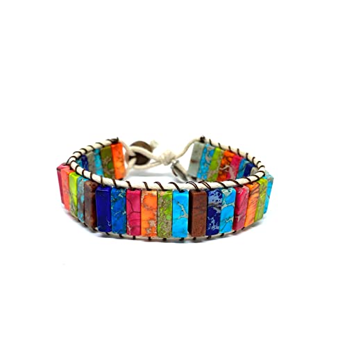 OCHRANA Pulsera de 17.5 cm de jaspe sedimento de colores con cuerda encerada