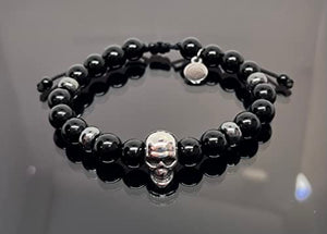 OCHRANA Pulsera ajustable de ágata negra con hematita y calavera de acero de 8mm