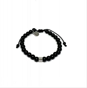 OCHRANA Pulsera ajustable de ágata negra mate de 6mm con plata tibetana