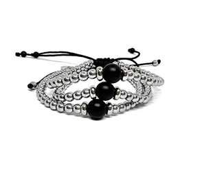 OCHRANA Pulsera ajustable de hematita silver con ágata negra mate de 4mm