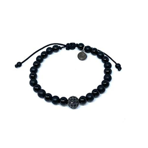 OCHRANA Pulsera ajustable de ágata negra de 6mm con dije zirconia redonda negra