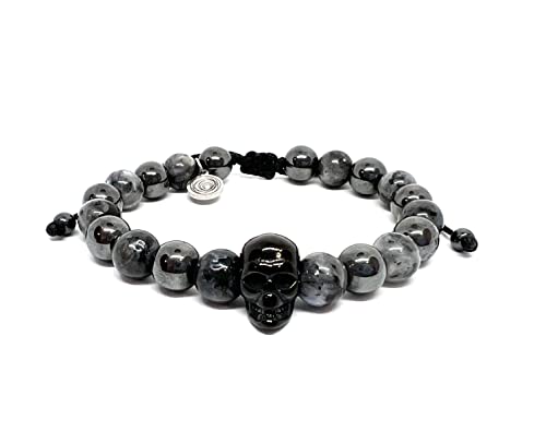 OCHRANA Pulsera ajustable de hematita con piedra de jaspe gris y calavera de acero de 8mm