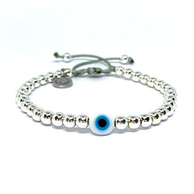 Cargar imagen en el visor de la galería, OCHRANA Pulsera ajustable de hematita color plateada de con ojo turco de 4mm
