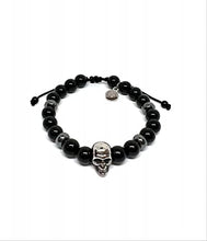 Cargar imagen en el visor de la galería, OCHRANA Pulsera ajustable de ágata negra con hematita y calavera de acero de 8mm
