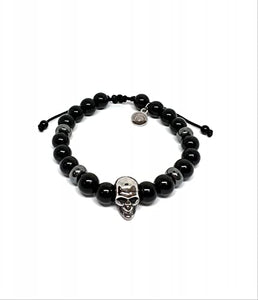 OCHRANA Pulsera ajustable de ágata negra con hematita y calavera de acero de 8mm