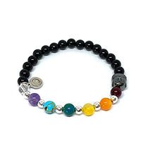 Cargar imagen en el visor de la galería, OCHRANA Pulsera elástica de 17.5 cm de los 7 Chakras con ágata negra de 6mm, dije de buda
