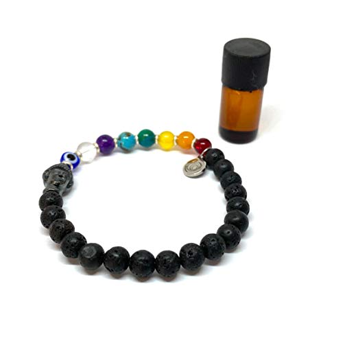 Ochrana Pulsera de 17.5 cm de los 7 Chakras con Piedra volcánica de 6mm, Dije de Buda con Esencia de Chakras - Ochrana México