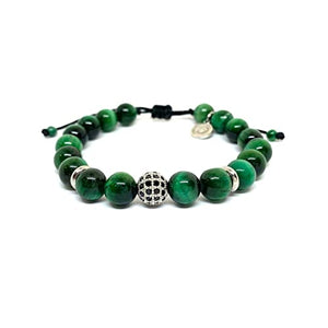 OCHRANA Pulsera ajustable de ojo de tigre verde de 8mm con dije zirconia redonda negra