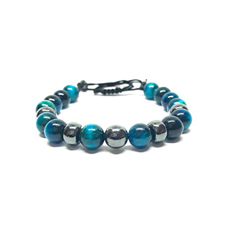 Ochrana Pulsera Ajustable de Ojo de Tigre Azul Zircon con hematita de 8mm - Ochrana México