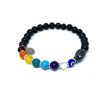 Cargar imagen en el visor de la galería, OCHRANA Pulsera elástica de 17.5 cm de los 7 Chakras con piedra volcánica de 6mm, dije de buda
