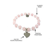 Cargar imagen en el visor de la galería, OCHRANA Pulsera elástica de 17.5 cm de cuarzo rosa de 6mm con cristal facetado y dije de corazón
