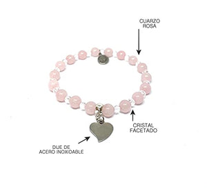 OCHRANA Pulsera elástica de 17.5 cm de cuarzo rosa de 6mm con cristal facetado y dije de corazón