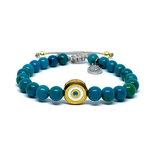 OCHRANA pulsera ajustable de crisocola de 6mm con dije de acero inoccidable dorado de ojo turco