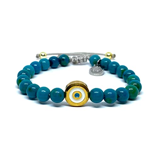 OCHRANA pulsera ajustable de crisocola de 6mm con dije de acero inoccidable dorado de ojo turco