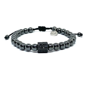 OCHRANA Pulsera ajustable de hematita de 6mm con dije zirconia cubica negra