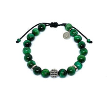 Cargar imagen en el visor de la galería, OCHRANA Pulsera ajustable de ojo de tigre verde de 8mm con dije zirconia redonda negra
