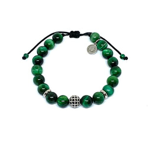 OCHRANA Pulsera ajustable de ojo de tigre verde de 8mm con dije zirconia redonda negra