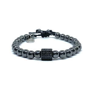 OCHRANA Pulsera ajustable de hematita de 6mm con dije zirconia cubica negra