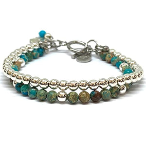 OCHRANA Pulsera de 17.5 cm de hematita plateada con jaspe sedimento azul turqueza doble de 4mm