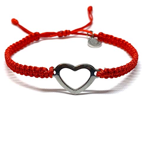 Pulsera Ajustable de macramé roja con Dije de Acero Inoxidable en Forma de corazón de 15mm - Ochrana México